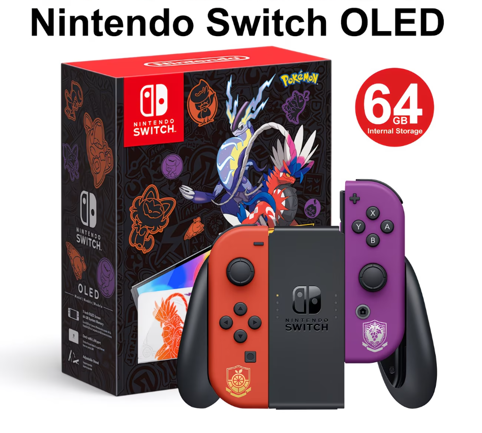 Nintendo Switch OLED Model Pokémon Scarlet & Violet Edition, 7-inch OLED screen, 64 GB storage, special design Joy-Con and dock, limited edition gaming console